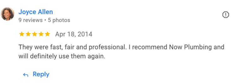 5-star customer review for Now Plumbing