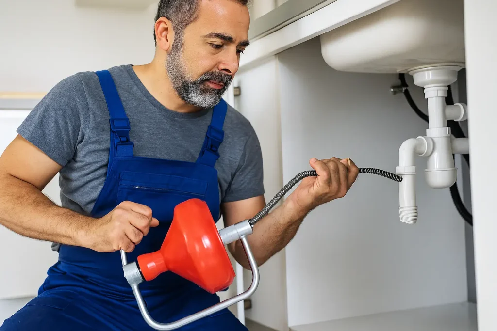 plumber using a plumbing snake