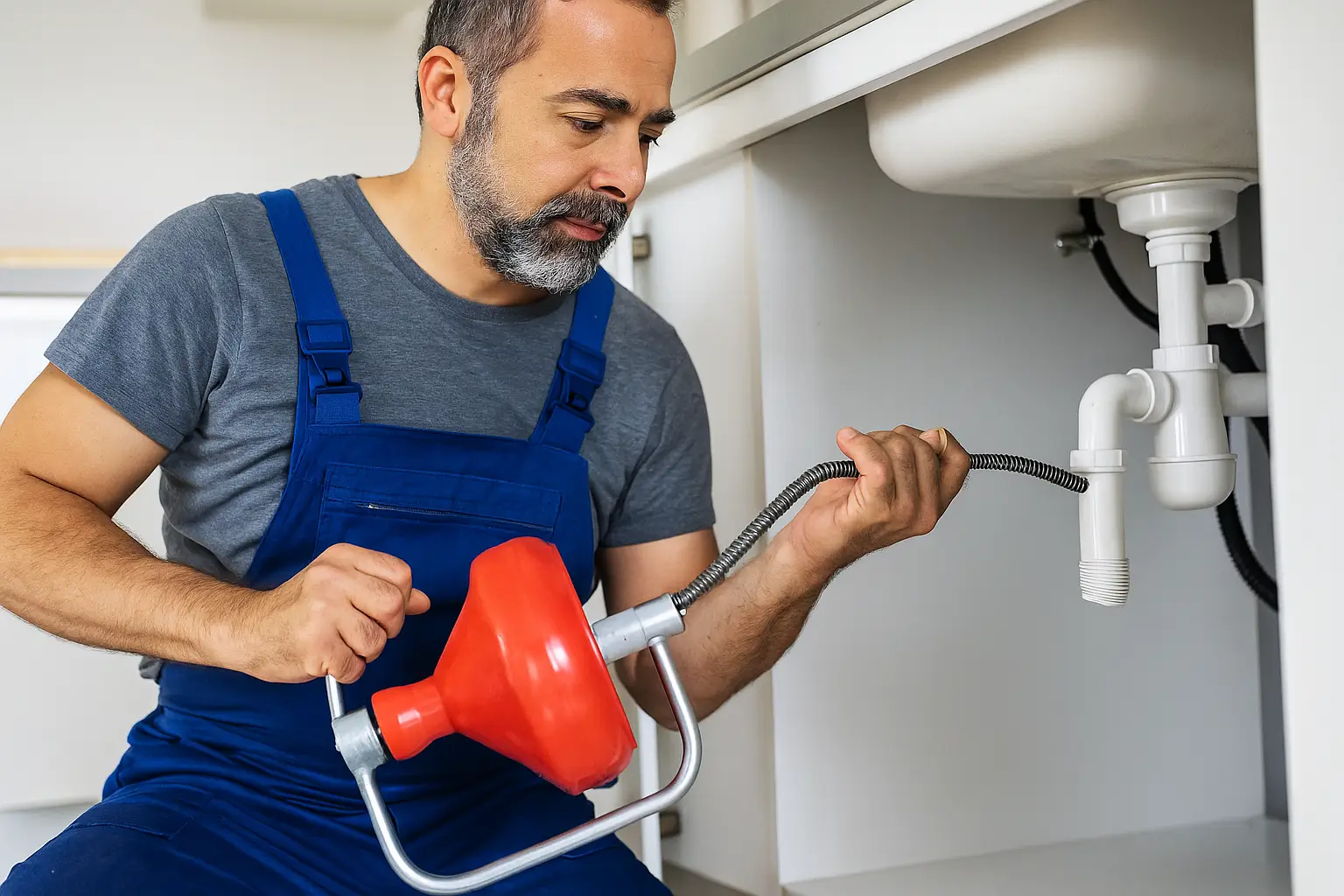 plumber using a plumbing snake