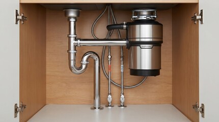 Kitchen garbage disposal unit connected to plumbing